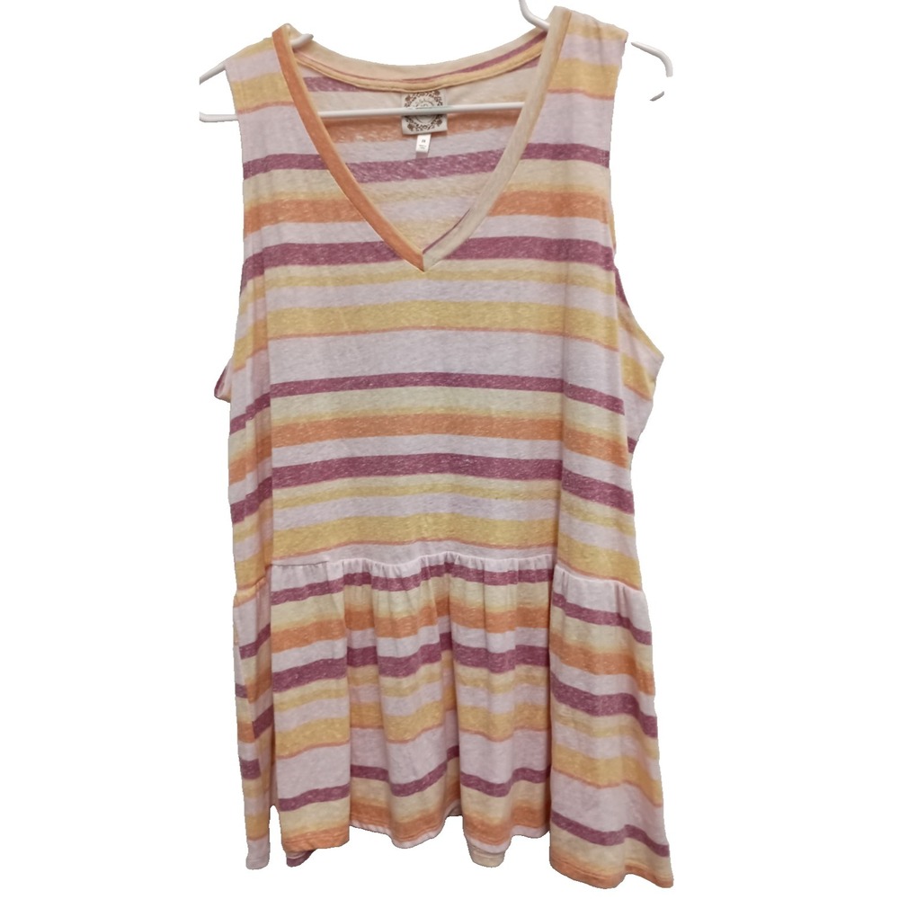 Truself Womens BOHO‎ Tank Top Size 2X Multi Striped Peplum V Neck Cottagecore